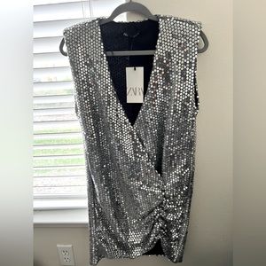 ZARA, BLOGGER FAVORITE, DRAPED SEQUIN SILVER DRESS